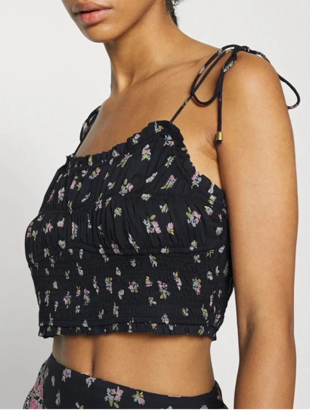 Free People Kaia Smocked Adjustable Strap  Cropped Tank Top Boho Floral Print